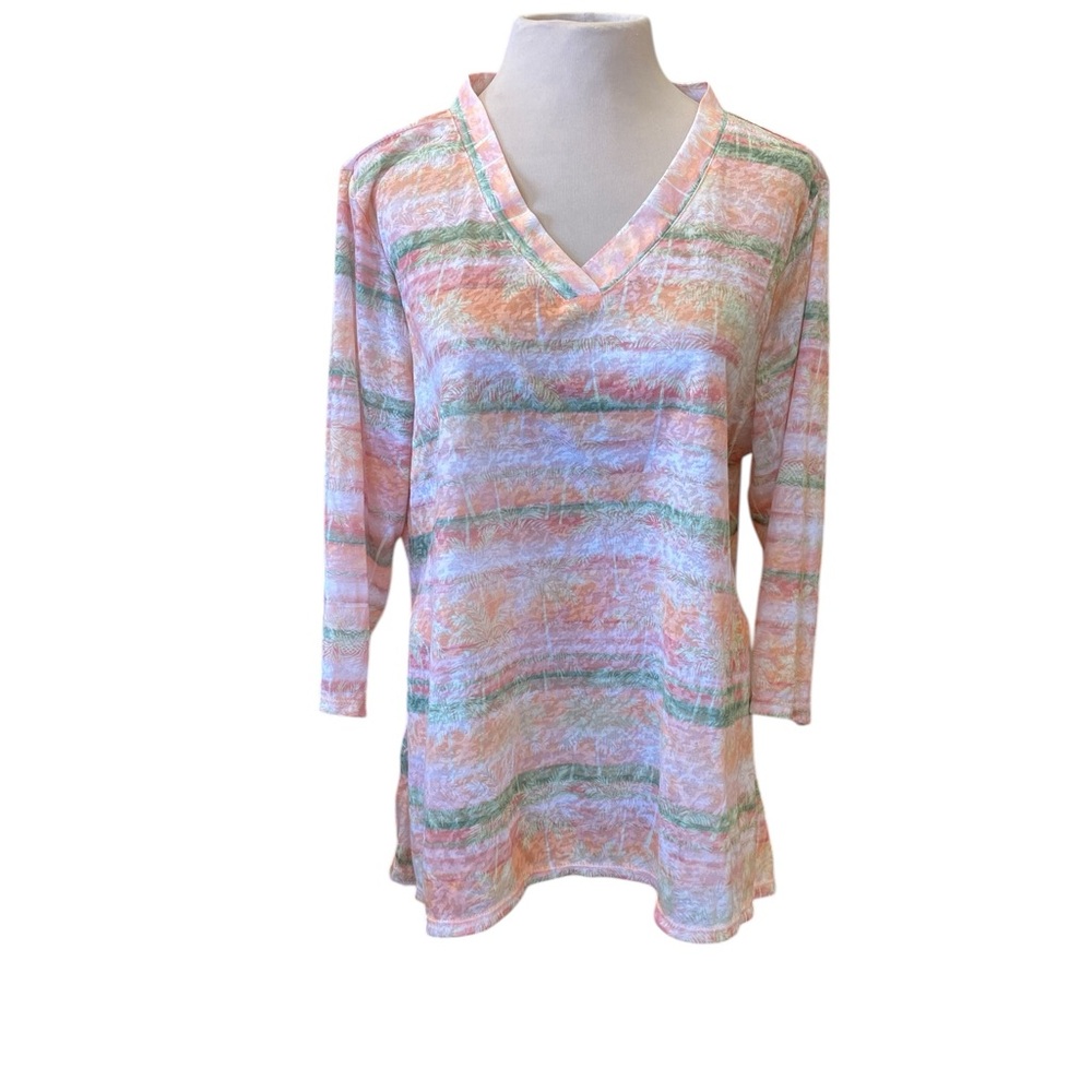 Women's Pastel Stripe V-Neck Tunic Top - Pink, Peach,  & Green